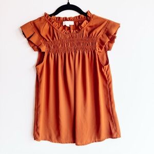 Monteau Orange Smocked Blouse with Flutter Sleeves